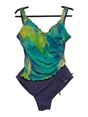 Sunflair Blue & Green Watercolor Ruched With Ruffles One-Piece Swimsuit sz 8